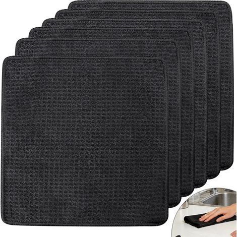 6 Pièces Chiffon Microfibre Cuisine 20x20 cm - Petites Lavettes Cuisine Noir & Torchons Vaisselle - Tissu Alvéolé Super Absorbant pour Barista, Machine à Café, Doux & sans Peluches (Noir) (1/5)