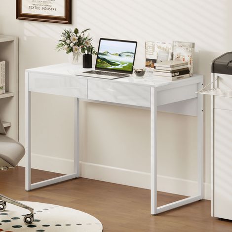 Bureau avec 2 tiroirs, table d'ordinateur 100 x 50 cm, bureau moderne pied en acier, pour petits espaces, blanc brillant (1/5)