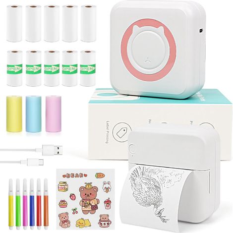 Mini imprimante de poche Bluetooth portable pour iPhone avec 13 rouleaux de papier pour notes, photos, autocollants, étiquettes, reçus - Rose (1/5)