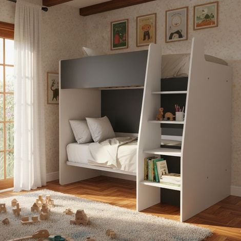 Letto a castello salvaspazio con scaletta frontale - Montaggio facile - Bianco e basalto