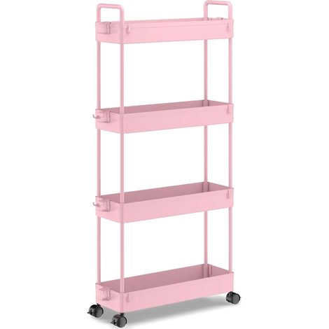Chariot de Rangement à 4 Niveaux Coulissant Fin à roulettes pour Cuisine, Salle de Bain, buanderie, Chambre à Coucher, endroits étroits, Plastique, Rose (1/5)