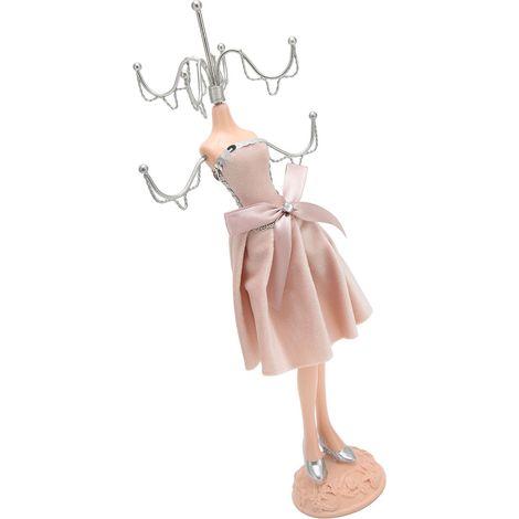 Poupée mannequin rose avec support argenté, présentoir à bijoux et nœud papillon pour robes de princesse. (1/5)