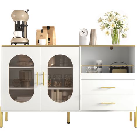 Buffet moderne blanc 2 tiroirs et 2 portes vitrées, avec rangements, passe-câbles et finitions dorées, meuble de salon, salle à manger et entrée CHICFURN (1/5)