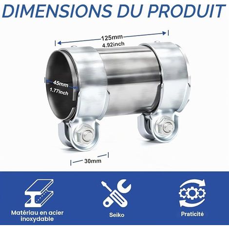 Exhaust Clamp Stainless Steel Hose Clamp Exhaust Sleeve Ø45 mm Exhaust Double Universal used in various exhaust systems Ø45 mm/L:125 mm (1/4)