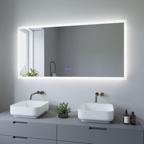 Grand Miroir de Salle de Bain avec éclairage LED 140x70cm Type C détecteur Tactile dimmable, Anti-buée, Blanc Froid 6400K et Blanc Chaud 3000K (1/5)