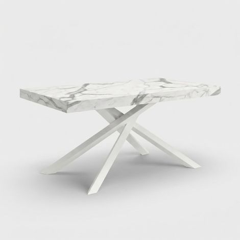 Table moderne extensible pieds blancs 14 personnes 180/280x90 Shangai - Effet marbre blanc