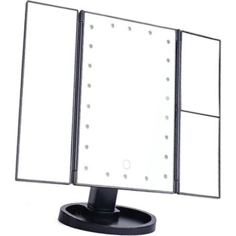 Miroir de maquillage LED 3 faces pliable avec grossissement, 22 perles lumineuses, rechargeable USB, noir, pour coiffure et beauté sur bureau (1/5)