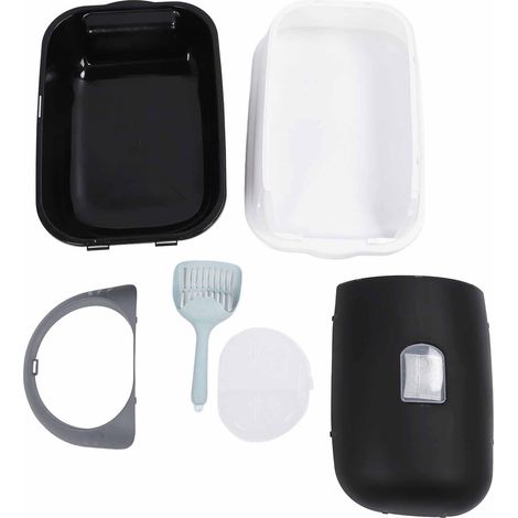 Bac à litière en plastique fermé Extra Large, résistant aux odeurs, facile à nettoyer, couvert avec cuillère pour chats d'intérieur, noir (1/5)