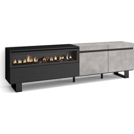 Skraut Home - Mueble TV, Televisión, Muebles de salón, almacenaje, 200x57x35cm, Para TV hasta 80", Chimenea eléctrica, Diseño industrial, Estilo Moderno, Gris Cemento (1/5)
