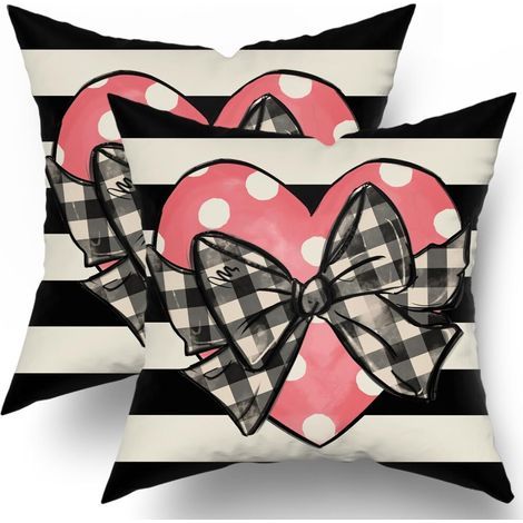 Ensemble de taies d'oreiller pour la Saint-Valentin 20x20cm, motif à pois roses et cœurs à rayures noires, décoration de canapé-lit style champêtre (1/5)
