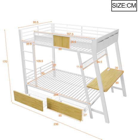 Lit superposé en métal 90x200 cm, bureau de jeu intégré avec prises, ports USB et Type-C, ruban LED, deux paniers de rangement, lit ado avec espace gaming, structure en fer double, blanc (1/5)