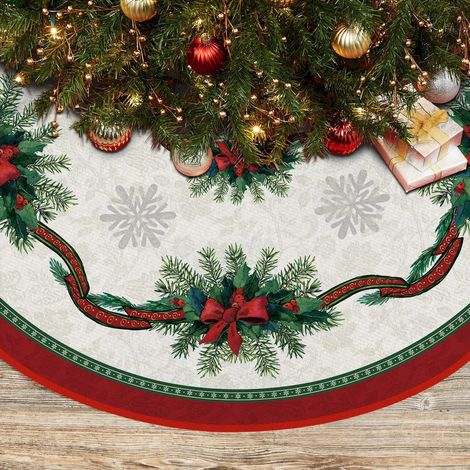 Tapis de sapin de Noël 91 cm - Tapis de sapin étroit à motif de houx et ruban, tapis de sapin de Noël festif d'hiver avec motif de feuillage et de flocons de neige pour sapin de Noël (1/5)