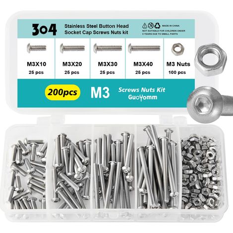 Lot de 200 vis M3 à six pans creux - Écrous à tête bombée - En acier inoxydable 304 - Boulons mécaniques entièrement filetés dans une boîte combinée - Longueurs : 10 mm, 20 mm, 30 mm, 40 mm (1/5)