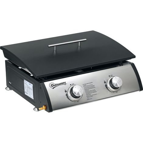 Portable Tabletop Gas Plancha Grill w/ 2 Stainless Steel Burner, 5kW, Non-Stick Griddle for BBQ Camping Picnic Party