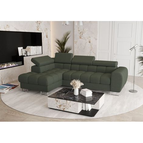 Ecksofa Schlafsofa BASTIEN in Stoff Gemma Dunkelgrün Ottomane Links
