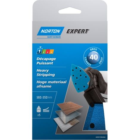 Norton 69957396364 - Esperto - set di 5 fogli di carta vetrata perforato (autoadesivo, 102 x 152 mm grana 40)