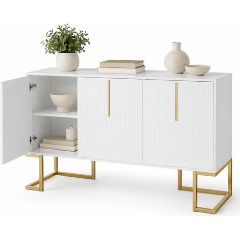 ELVMI Credenza 3 Ante con 2 Ripiani Regolabili, Base in Metallo, MDF, 138×40×80.5 cm, Bianco (1/5)