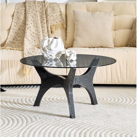 Mesa de centro redonda de vidrio y MDF negro, Ø 80 cm, moderna, resistente al calor y a los arañazos (1/5)