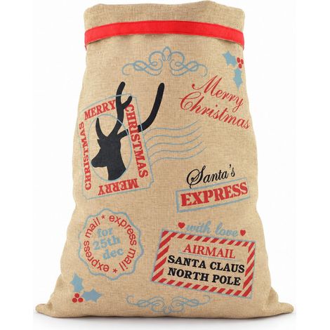 Large Hessian Santa Sack with Airmail Design, 70 x 50 cm, Brown Christmas Gift Bag (1/5)