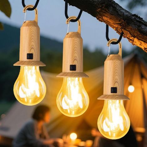 Three portable yellow solar camping lamps with hooks, rechargeable and suitable for camping and hiking. (1/5)