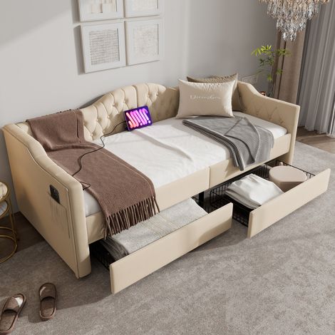 Divano letto imbottito 90x200 cm con 2 cassetti e presa USB Type C, velluto beige, senza materasso (1/5)