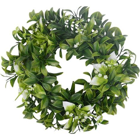 Grüner Frühlingskranz – 34 cm (13,4 Zoll), kleine weiße Blüten, Aufhängeloch, realistisch (1/4)