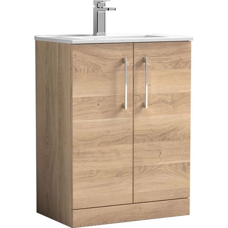 Balterley Bramshall Contemporary Bathroom 2 Soft Close Door & Minimalist Floor Standing Vanity Unit Basin, Bleached Oak, 600mm (1/4)