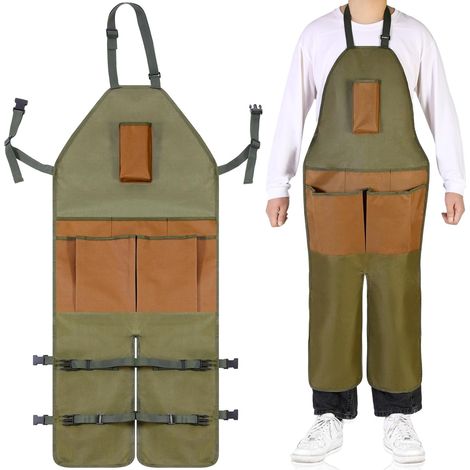 Tablier de jardin imperméable à jambes réglables, fermeture à boucle réglable, vert armée, idéal pour le jardinage, la menuiserie, les travaux de cuisine, les barbecues, les cafés et la peinture. (1/5)