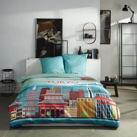 Ensemble de literie - IDAG - JAVA - 2 personnes - 240x220 cm - Coton - Imprimé Tokyo - Bleu[NX] (1/4)