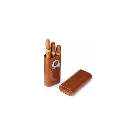 Brauner Lederhumidor mit drei Fingern und silbernem Edelstahlschneider - Crezuo