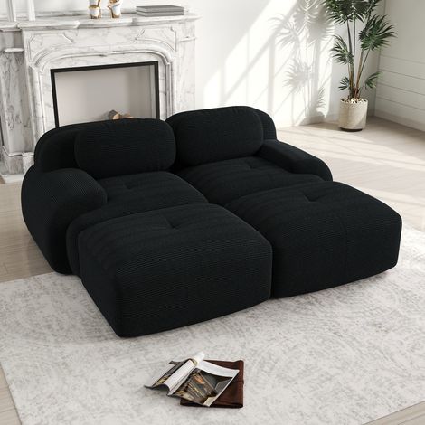 FloraGrace Canapé modulaire en corduroy noir, sans montage, mousse 32D, accoudoirs courbes, 3 colis (1/5)