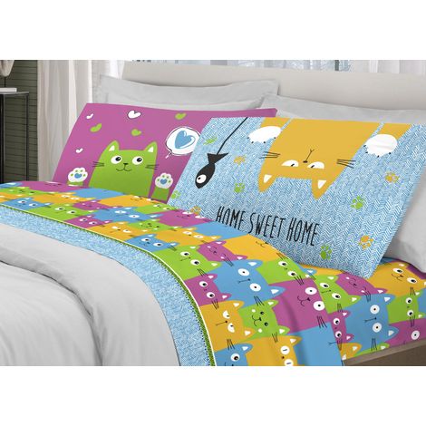 Completo Lenzuola Letto Pensieri Delicati 100% Cotone Dis. Happy Cat Multicolor, misuraPiazza E MezzacoloreMulticolor (1/4)