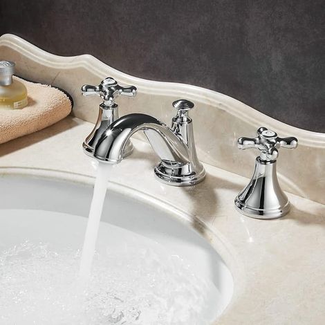 Mitigeur de lavabo chromé poli à deux poignées et trois trous, robinet de vasque classique, mélangeur eau chaude et froide (1/3)