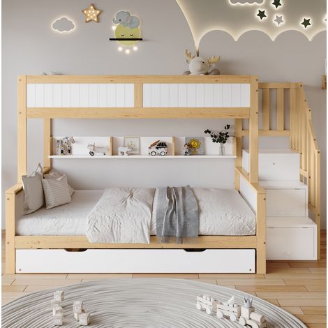 DESVIAE Lit superposé enfant avec lit gigogne armoire escalier de rangement et barrières de sécurité 90x200 120x200 90x190 bois massif et MDF blanc naturel (1/5)