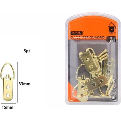 TrAdE Shop Traesio - Set 5 Pz Ganci Gancetti Dorati Per Quadri Cornici Appendere Parete 33x15mm 07514 -