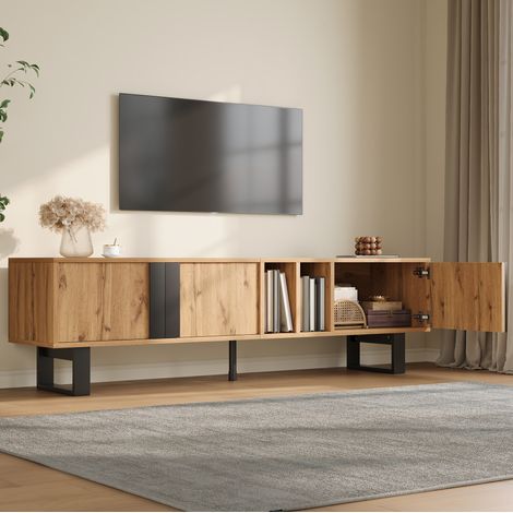 Mobile TV 160x40x50 cm con 3 ante, ripiani aperti e gambe in ferro nere (1/5)
