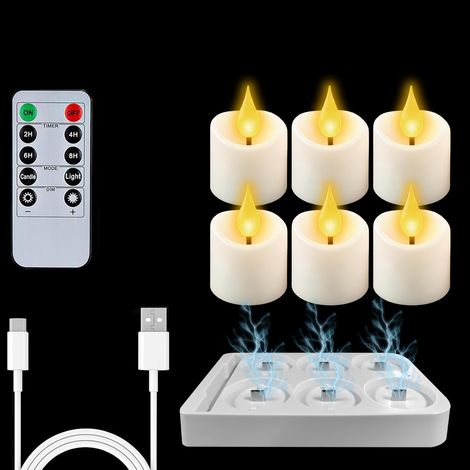 Lot de 6 Bougies Chauffe-Plat LED Rechargeables avec Télécommande, Minuterie 2/4/6/8H, Effet Vacillant et Base de Charge, Ondulé (1/5)