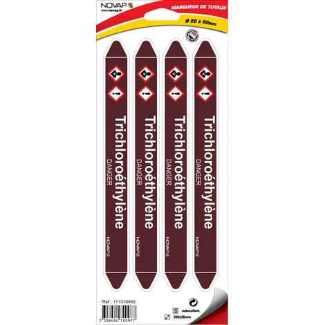 Planche de 4 marqueurs de tuyauterie 250 x 26 mm pour Ø 20 à 50 mm - Trichloroéthylène - 4700977