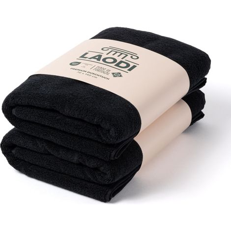 Lot de 2 serviettes de douche 70 x 140 cm en 100 % coton - 570 g/m² - Absorbantes et douces - Fabriqué au Portugal - Noir sombre (1/5)
