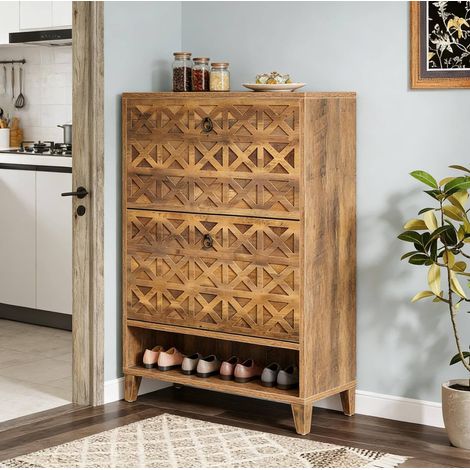 Scarpiera in MDF e legno marrone 80 x 24 x 110 cm con 2 cassetti a ribalta e ripiani interni regolabili (1/5)