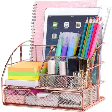 Organiseur de bureau enfant avec porte-stylos et tiroirs pour ustensiles, en maille métallique or rose.
