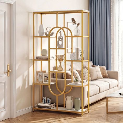 Étagère blanche et dorée 10 niveaux effet marbre avec design géométrique, pieds réglables et fixation murale pour salon et bureau (1/5)