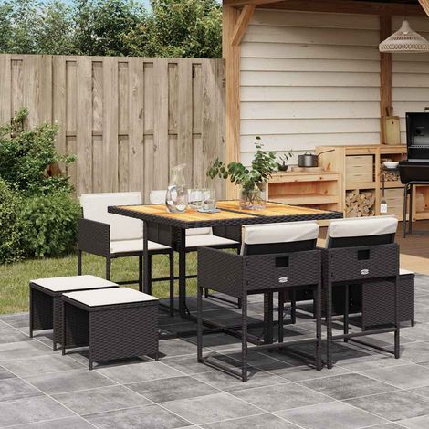 9-tlg. Garten-Essgruppe mit Kissen Schwarz Poly Rattan (1/5)