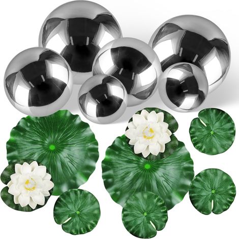 Lot de 14 Petites Boules flottantes pour Mini étang, Jardin décoration avec 6 boules de bassin flottantes en acier inoxydable, 2 nénuphars artificiels, 6 feuilles de lotus flottantes (1/5)