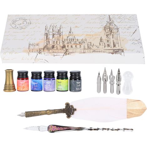 Calligraphy Pen Set Glass Ink Feather Fountain Pen with Replaceable Nib Writing Gift Box KitSP118839 Gold Head Pink (1/5)