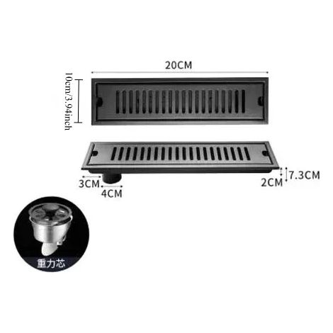(10cmx20Cm side)Bathroom shower floor drain, household and hotel long strip floor drain, 304 stainless steel black floor drain (1/4)