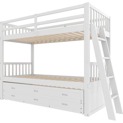 Lit superposé cabane 90x200 cm bois blanc avec tiroirs et lit gigogne, sans matelas
