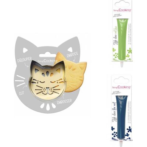 Kit pour biscuit en relief Chat + 2 Stylos au chocolat vert clair et bleu nuit