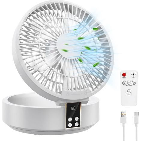 Petit ventilateur USB silencieux de table très silencieux et puissant - Batterie portable avec lumière LED - Télécommande - Minuterie - Rotation - 3 vitesses - Pour bureau, camping (1/5)