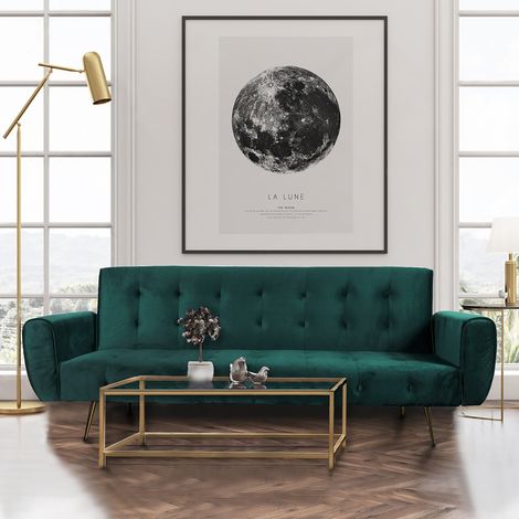 Le Quai Des Affaires – Canapé convertible 3 places – Velours vert – Dimensions 210x79x80 cm – Couchage 188x104 cm – Poches de rangement dans accoudoirs (1/5)